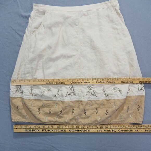 J Jill Skirt Womens 14 Tan Linen Floral Embroidery Knee Boho Modest Minimalist - Picture 6 of 11
